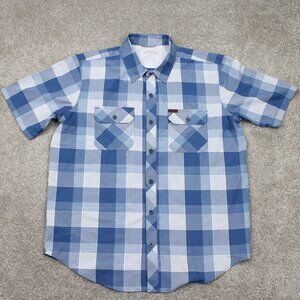 Orvis‎ Tech Shirt Mens Large Blue/White Classic Collection Polyester S/S Button
